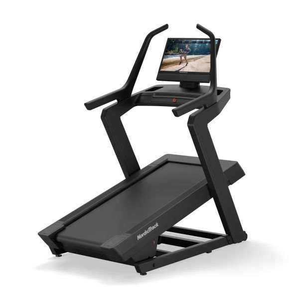 NordicTrack X24 Treadmill with a black metal frame, wide running belt, raised handrails and large touchscreen console.