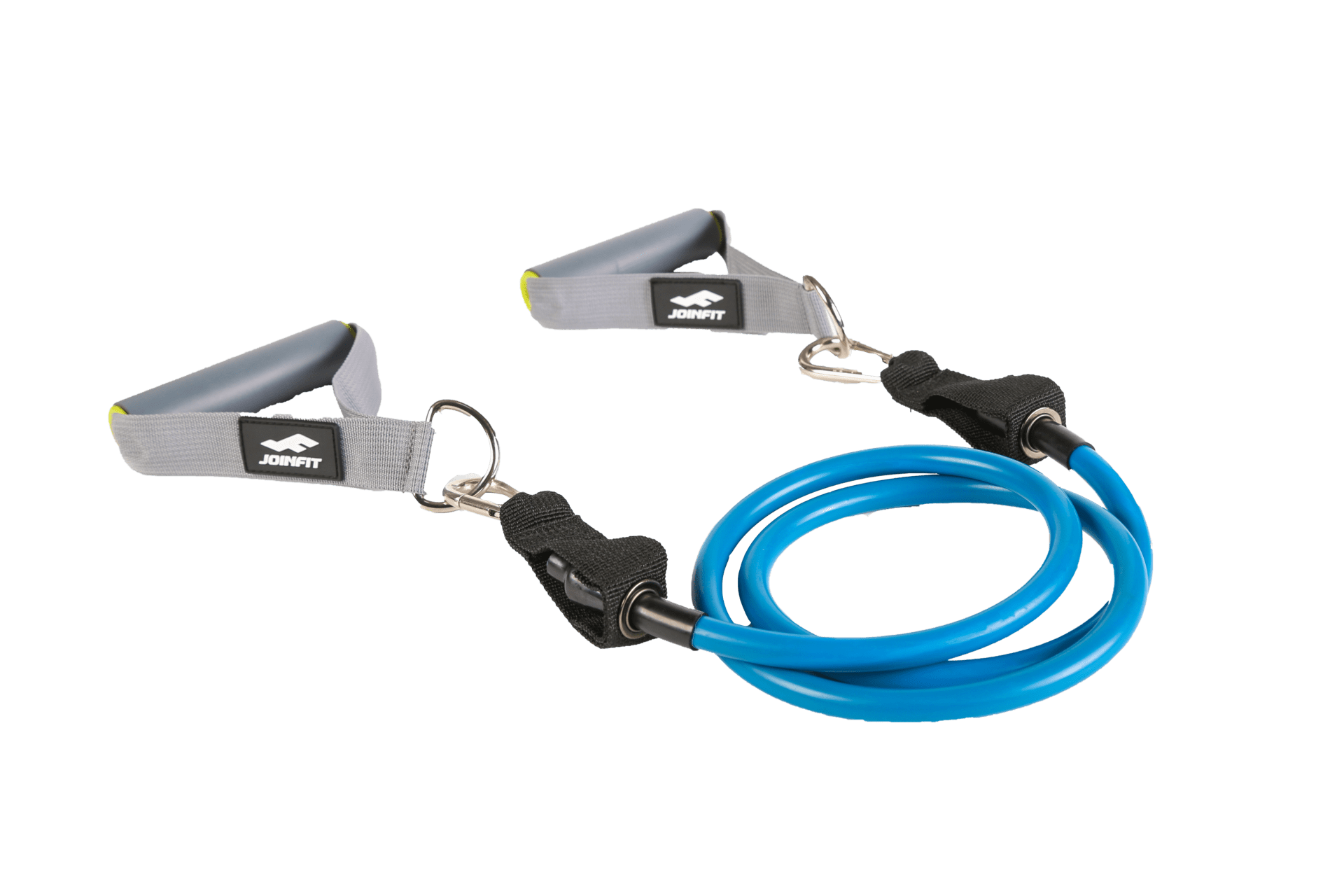Blue JOINFIT Resistance Band with gray steel-ringed handles and carabiner clips for 5LB resistance training