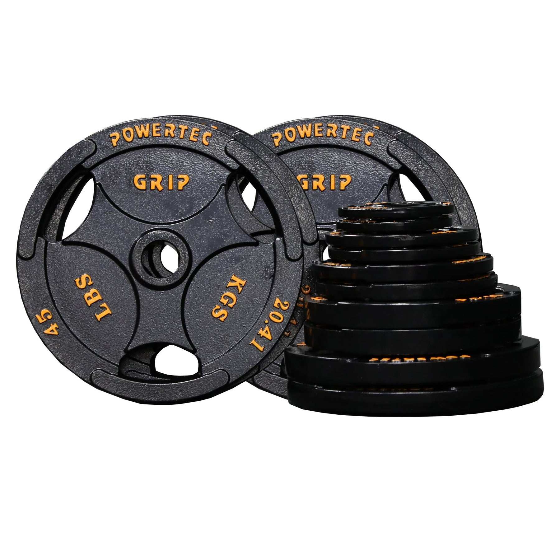 Powertec 255lbs Jet Black Olympic iron weight plates set with handles for easy carrying