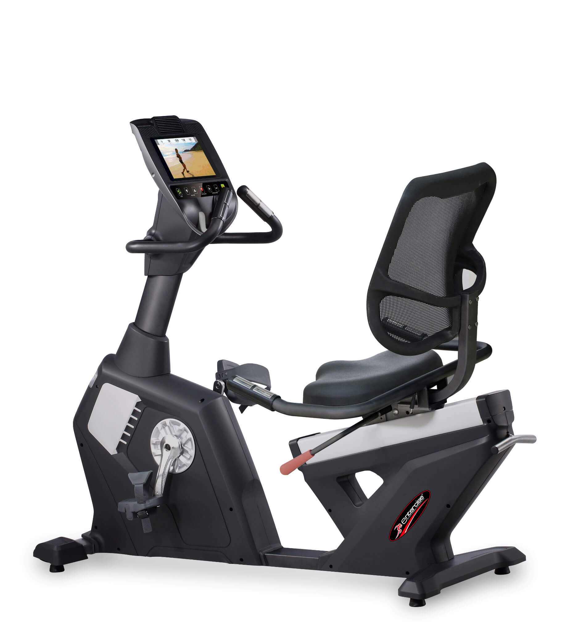 Entercise R11-V1 Recumbent Bike with 10.1" touchscreen, 8kg flywheel, 20 resistance levels, and ergonomic design for home workouts