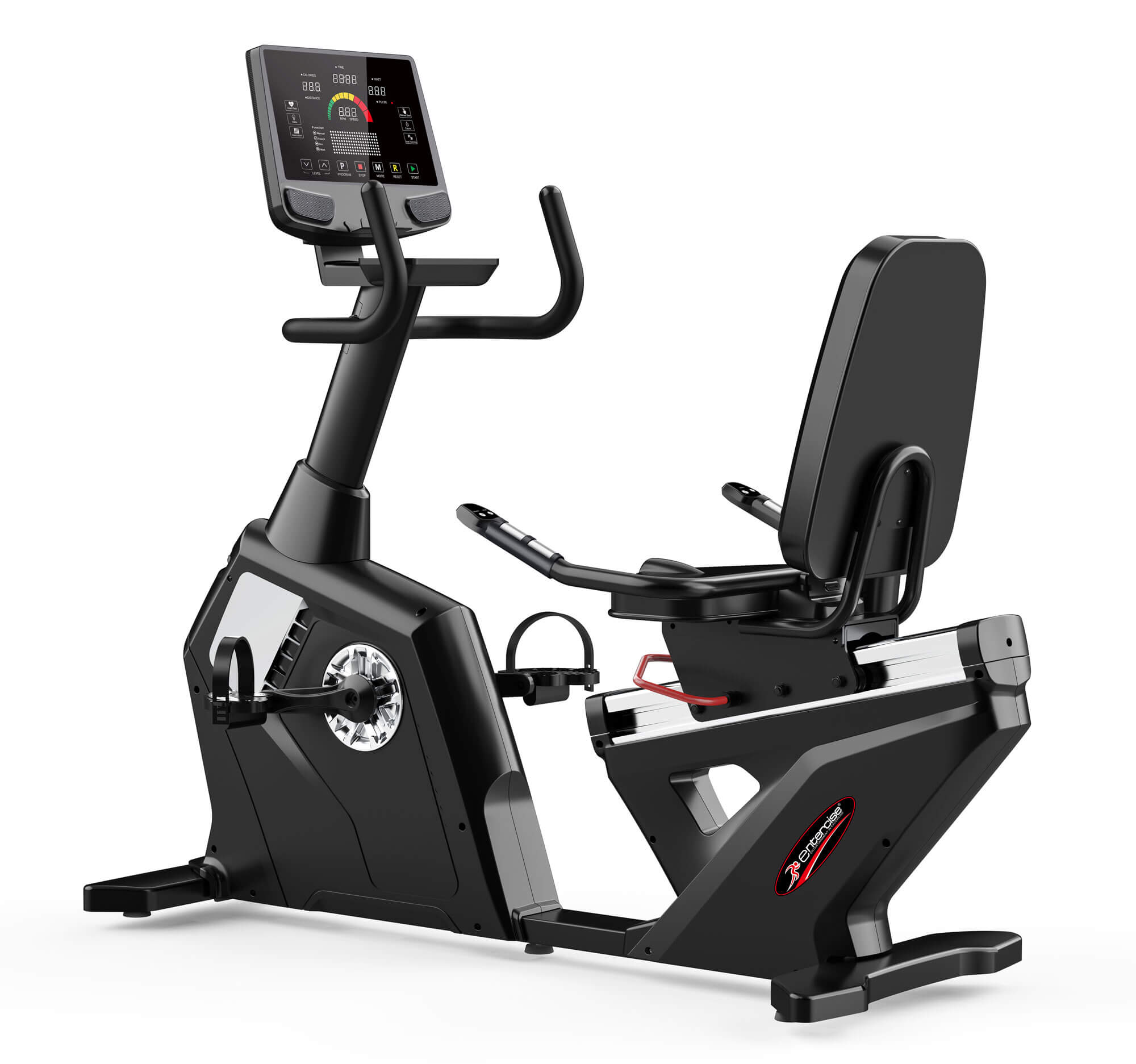 Entercise R11-V4 Recumbent Bike with 15kg flywheel, 32 resistance levels, LED console, self-generator power, and ergonomic seat for smooth indoor cycling