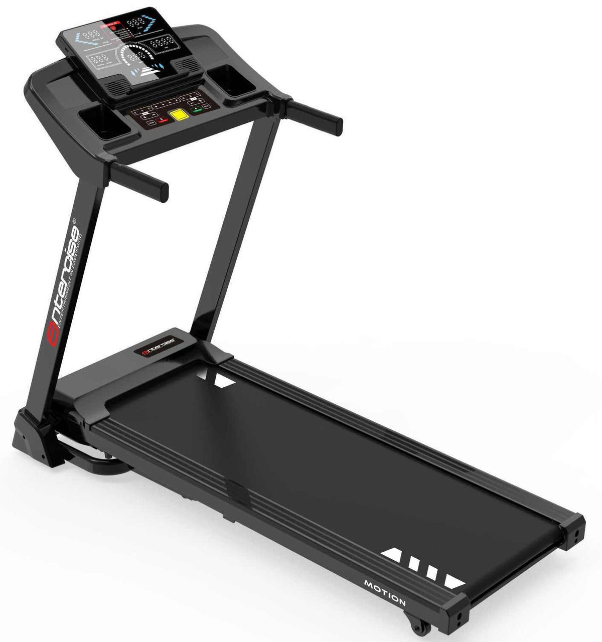 Entercise Treadmill Motion, black folding treadmill with a wide running belt, digital console, handrails and built-in cup holders.