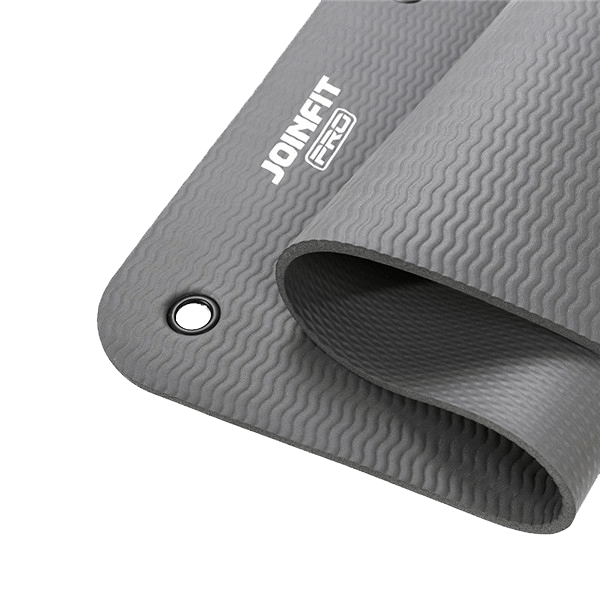 Gray JOINFIT Exercise Mat with 8mm memory foam, ribbed non-slip surface, carry straps, and eyelets for floor workouts.