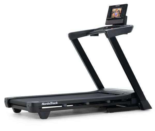 Treadmill with a black metal frame, textured running belt, raised console, and integrated touchscreen display
