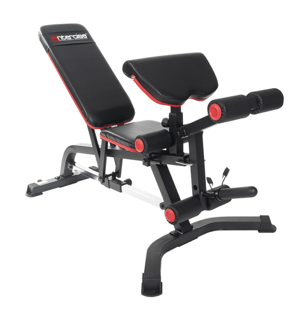 MS6102 Entercise adjustable bench with leg developer and preacher curl pad in black and red