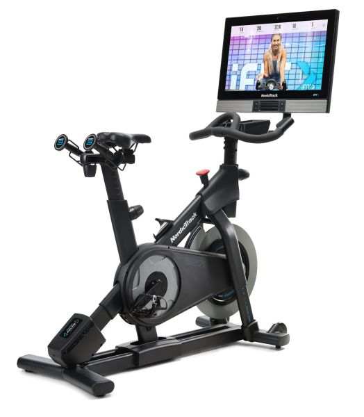 NordicTrack Commercial S27i studio cycle with 27-inch HD touchscreen and adjustable incline/decline for interactive home workouts