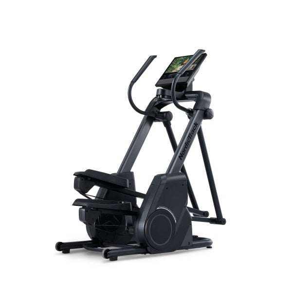 NordicTrack X16 Elliptical, black and grey exercise machine with pedals, curved handlebars and HD touchscreen display