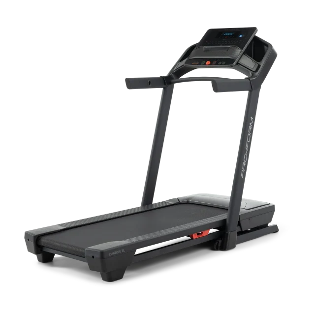 ProForm Carbon TLS treadmill with a black and charcoal gray frame, textured running belt, digital console and red accents.